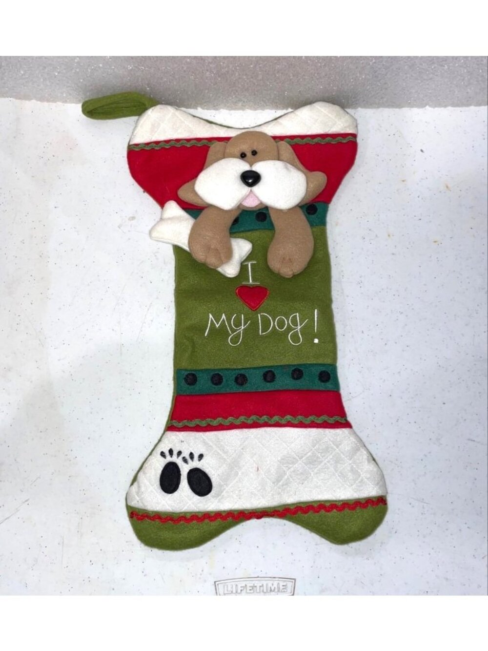 Dog Bone Christmas Stocking With "I Love My Dog" Design & Paw Prints Plush Decor